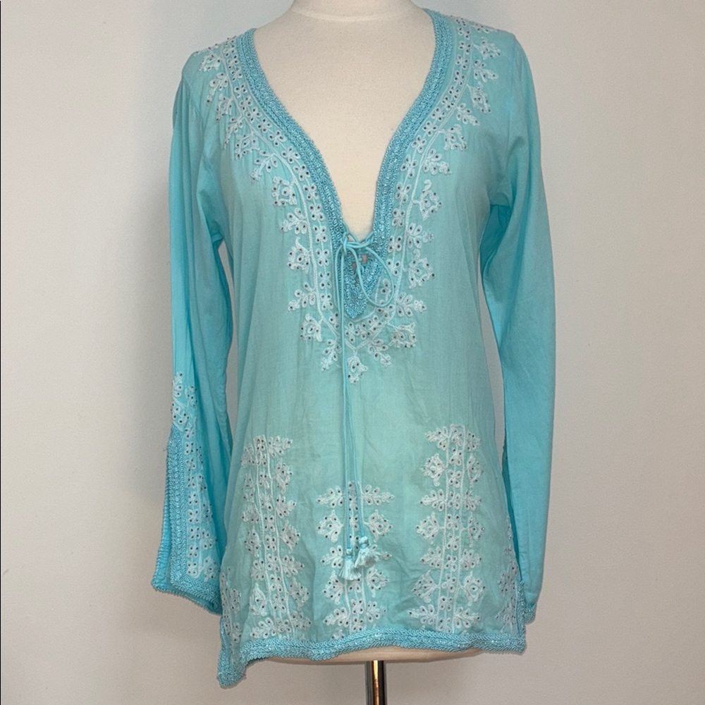 Melissa Odabash Sea Blue Embroidered Beaded Tunic Cover-Up Aqua Boho Luxe - Picture 11 of 11